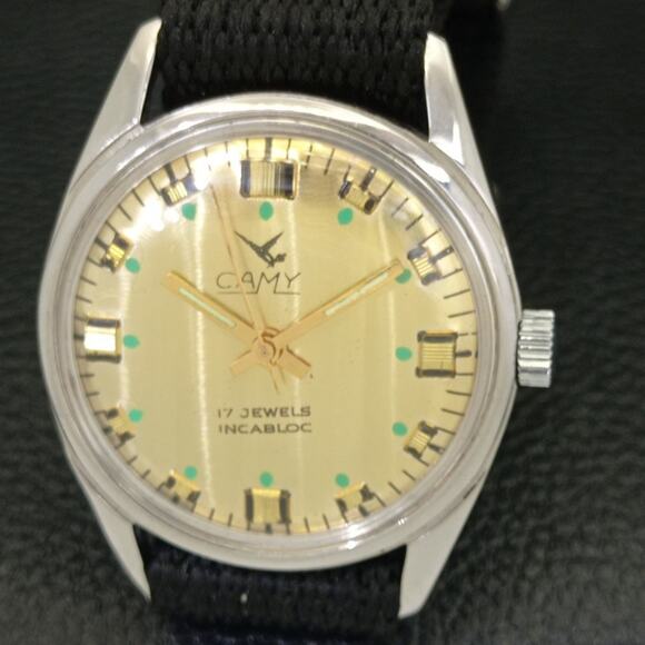 Vintage 1973 Camy Manual Mens Silver Watch W/Nato Strap & Gold accents - Picture 3 of 9